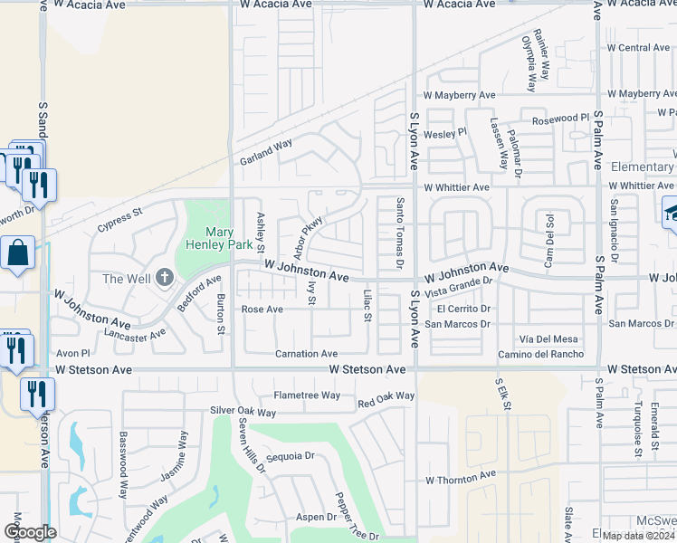 map of restaurants, bars, coffee shops, grocery stores, and more near 2207 Glenwood Avenue in Hemet