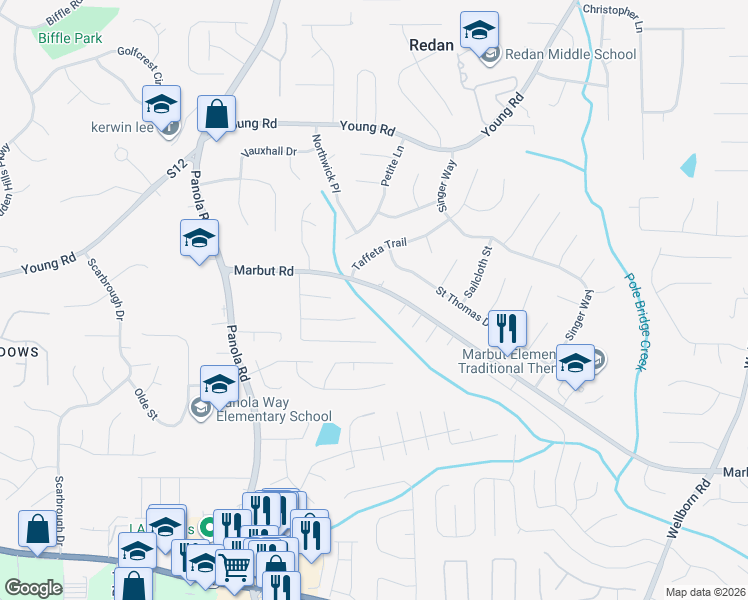 map of restaurants, bars, coffee shops, grocery stores, and more near 5579 Marbut Road in Lithonia