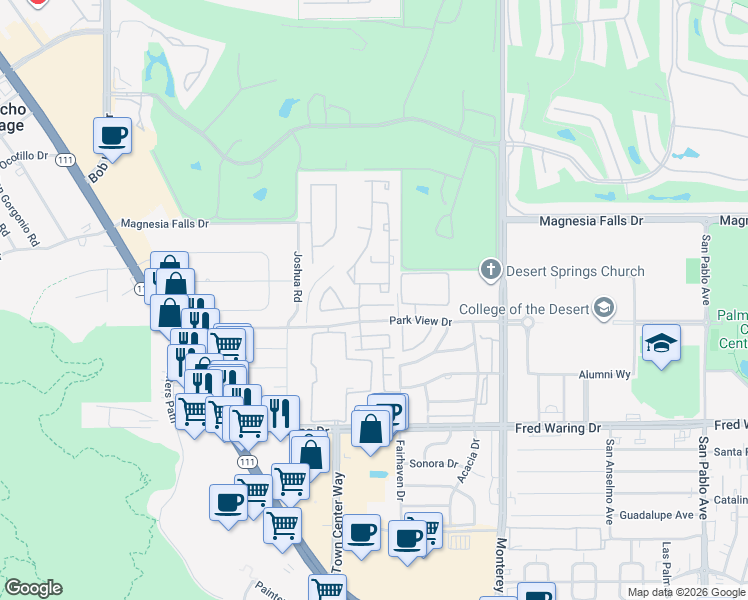 map of restaurants, bars, coffee shops, grocery stores, and more near 2 Vistara Drive in Rancho Mirage