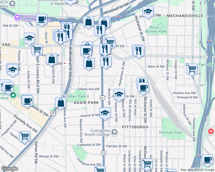 map of restaurants, bars, coffee shops, grocery stores, and more near 791 Metropolitan Parkway Southwest in Atlanta