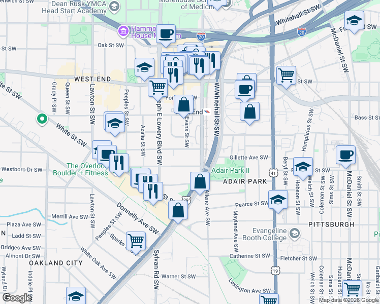 map of restaurants, bars, coffee shops, grocery stores, and more near 836 Beecher Street Southwest in Atlanta