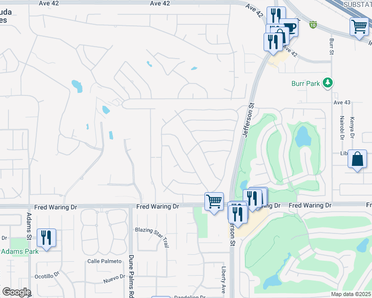 map of restaurants, bars, coffee shops, grocery stores, and more near 43472 Bordeaux Drive in La Quinta