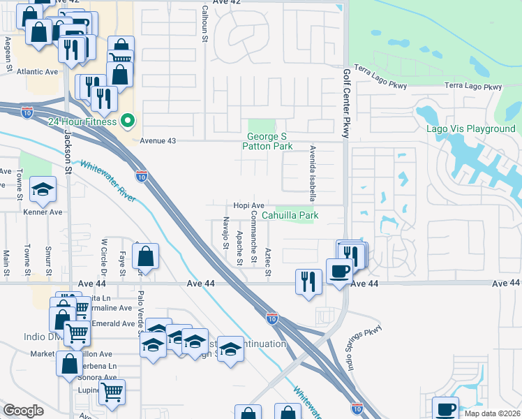 map of restaurants, bars, coffee shops, grocery stores, and more near 83685 Hopi Avenue in Indio