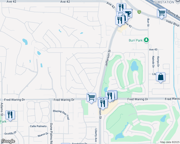 map of restaurants, bars, coffee shops, grocery stores, and more near 79846 Amora Drive in La Quinta