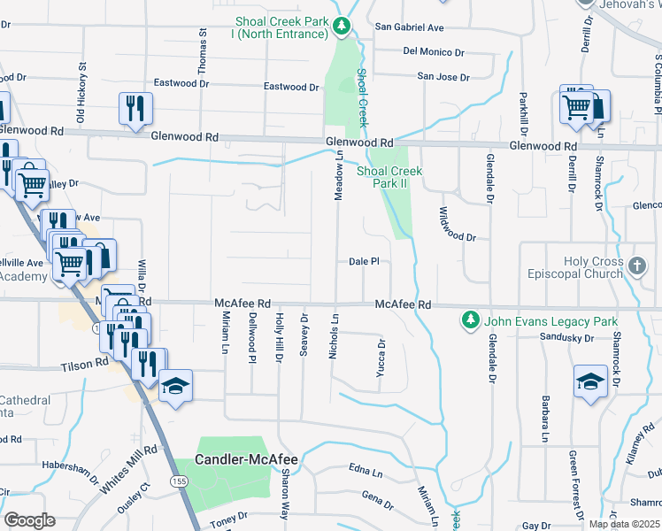 map of restaurants, bars, coffee shops, grocery stores, and more near 1965 Meadow Lane in Decatur