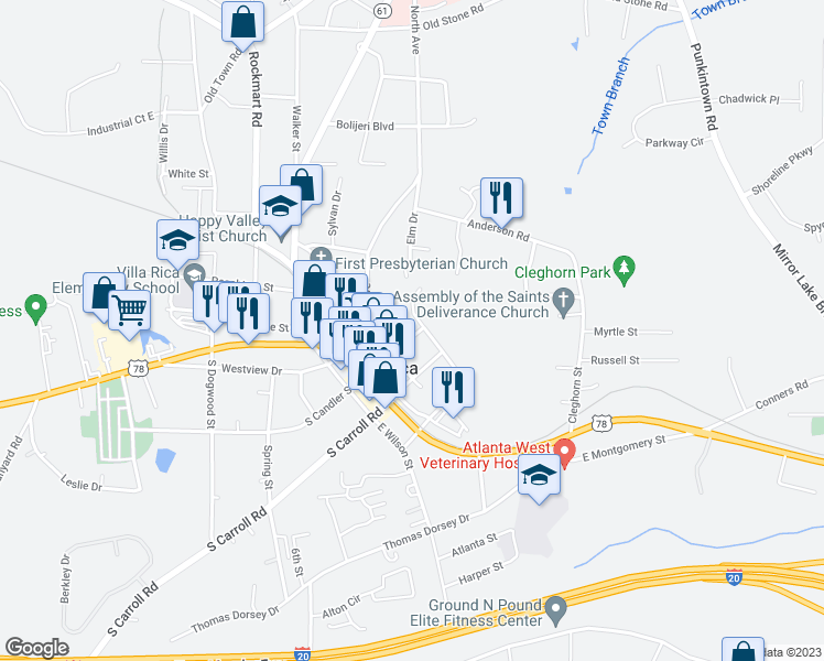 map of restaurants, bars, coffee shops, grocery stores, and more near 212 North Chandler Street in Villa Rica