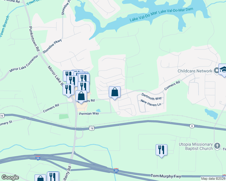 map of restaurants, bars, coffee shops, grocery stores, and more near 2761 Nautical Way in Villa Rica
