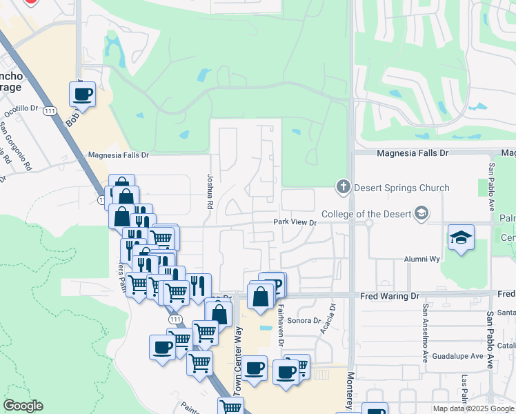 map of restaurants, bars, coffee shops, grocery stores, and more near 2 Mesquite Ridge Lane in Rancho Mirage