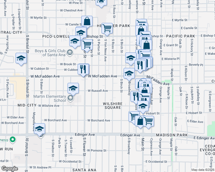 map of restaurants, bars, coffee shops, grocery stores, and more near 1133 South Van Ness Avenue in Santa Ana