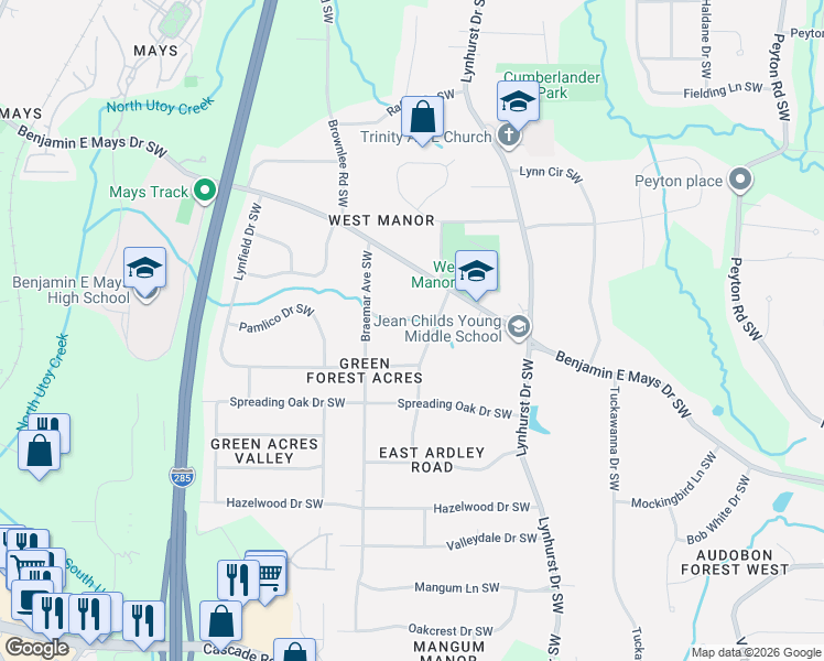 map of restaurants, bars, coffee shops, grocery stores, and more near 3216 Hollydale Drive Southwest in Atlanta