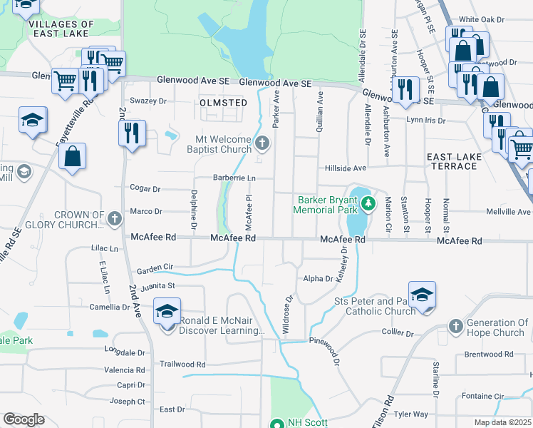 map of restaurants, bars, coffee shops, grocery stores, and more near 1974 McAfee Place in Decatur