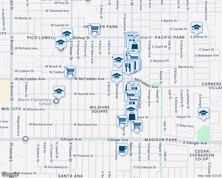 map of restaurants, bars, coffee shops, grocery stores, and more near 1126 South Broadway in Santa Ana