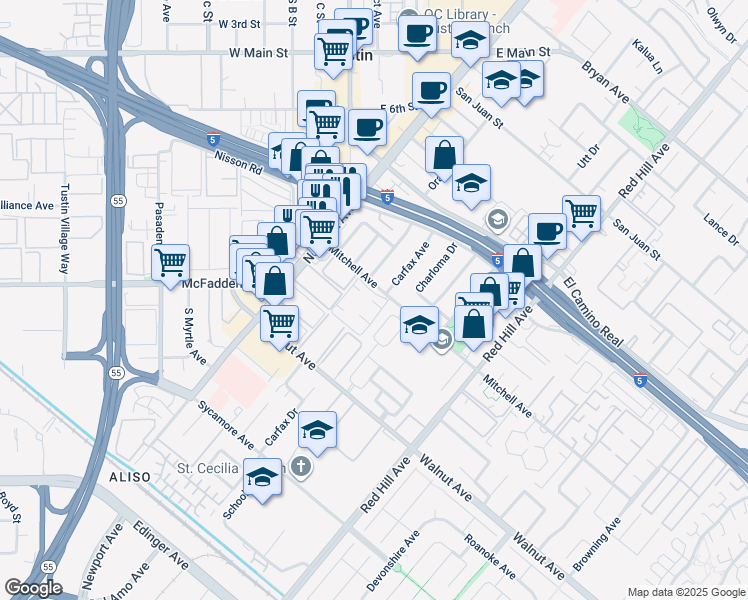 map of restaurants, bars, coffee shops, grocery stores, and more near in Tustin