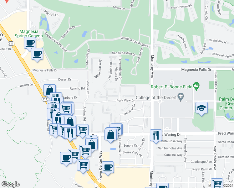 map of restaurants, bars, coffee shops, grocery stores, and more near 10 Mesquite Ridge Lane in Rancho Mirage
