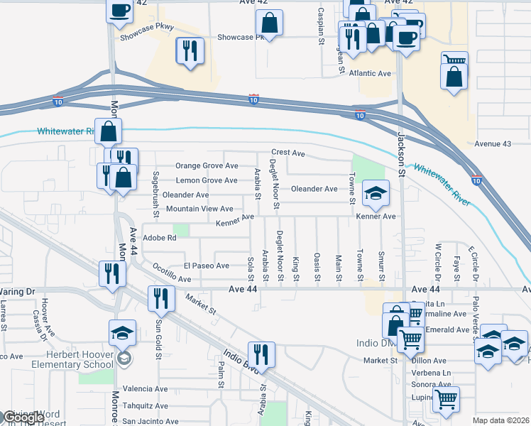 map of restaurants, bars, coffee shops, grocery stores, and more near 43445 Deglet Noor Street in Indio