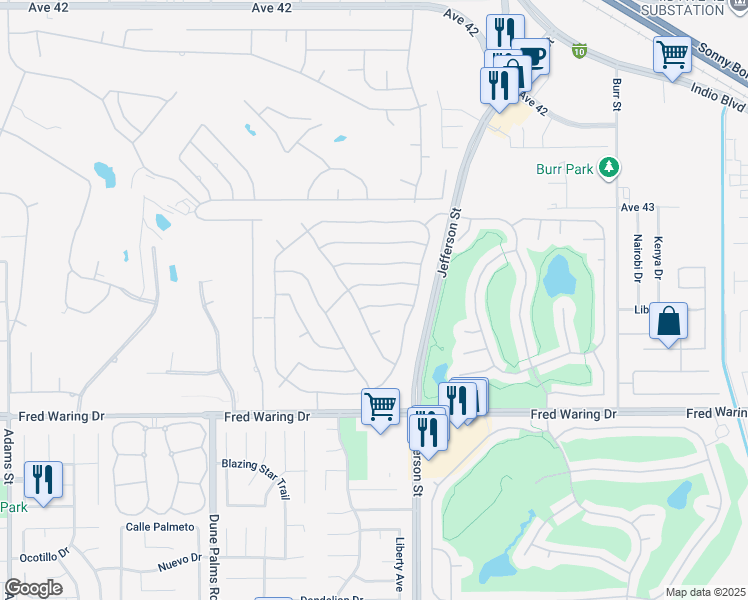 map of restaurants, bars, coffee shops, grocery stores, and more near 79846 Amora Drive in La Quinta
