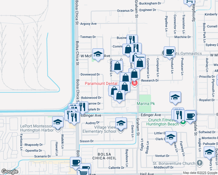 map of restaurants, bars, coffee shops, grocery stores, and more near 15700-15798 Chemical Lane in Huntington Beach