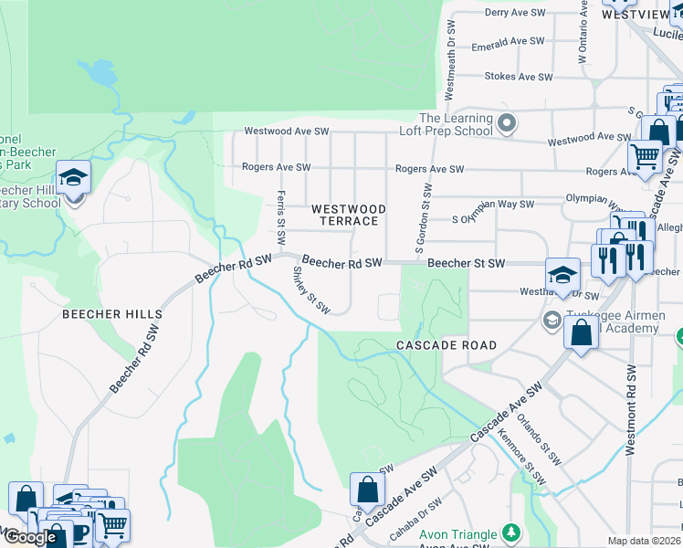 map of restaurants, bars, coffee shops, grocery stores, and more near 1938 Beecher Road Southwest in Atlanta