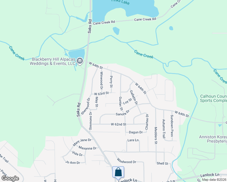 map of restaurants, bars, coffee shops, grocery stores, and more near 6306 Gunter Street in Anniston