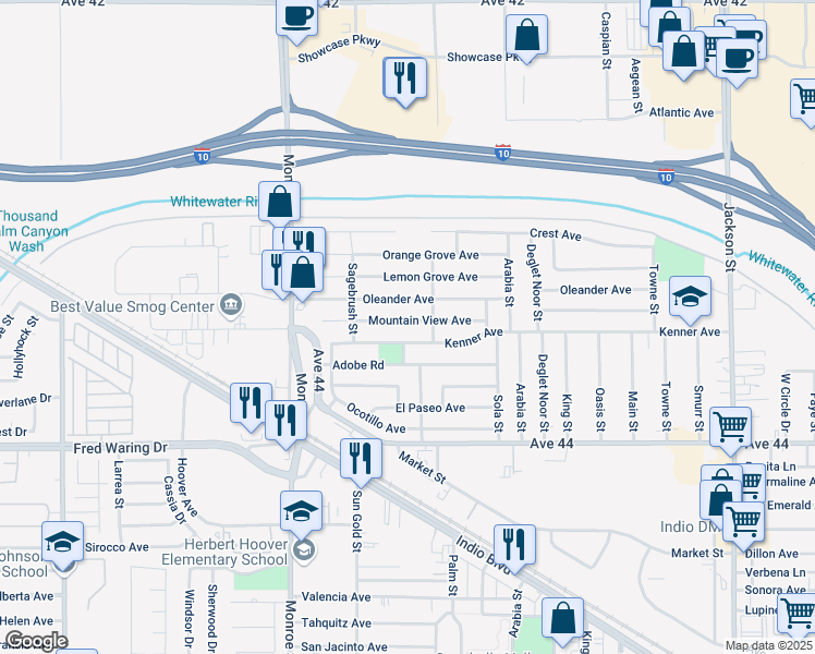 map of restaurants, bars, coffee shops, grocery stores, and more near 82273 Mountain View Avenue in Indio