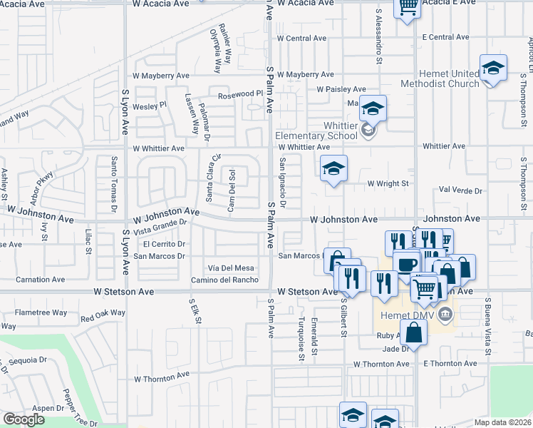 map of restaurants, bars, coffee shops, grocery stores, and more near 893 South Palm Avenue in Hemet