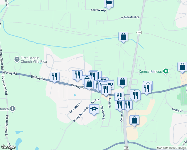 map of restaurants, bars, coffee shops, grocery stores, and more near 208 Gillis Way in Villa Rica