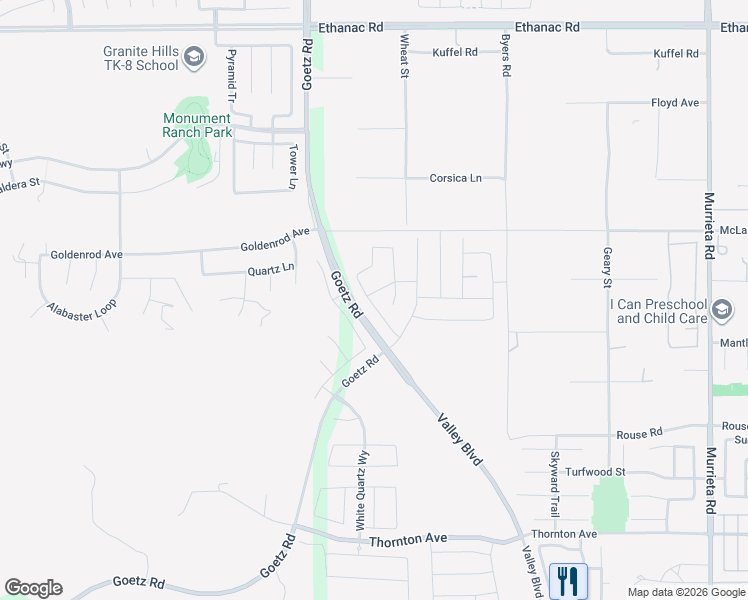 map of restaurants, bars, coffee shops, grocery stores, and more near 26665 Silver Ore Road in Menifee
