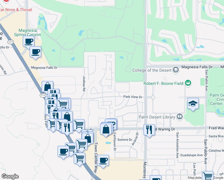 map of restaurants, bars, coffee shops, grocery stores, and more near 10 Mesquite Ridge Lane in Rancho Mirage