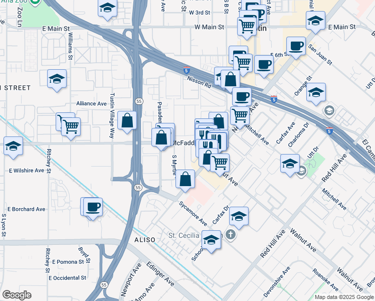 map of restaurants, bars, coffee shops, grocery stores, and more near 17234 McFadden Avenue in Tustin