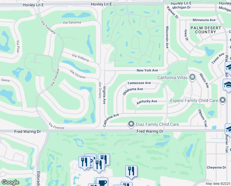 map of restaurants, bars, coffee shops, grocery stores, and more near 42400 Tennessee Avenue in Palm Desert