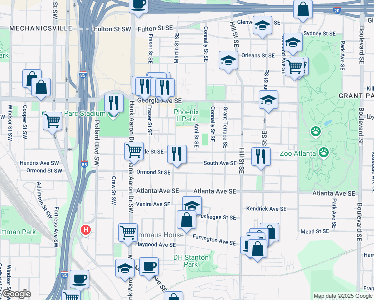 map of restaurants, bars, coffee shops, grocery stores, and more near 142 Little Street Southeast in Atlanta