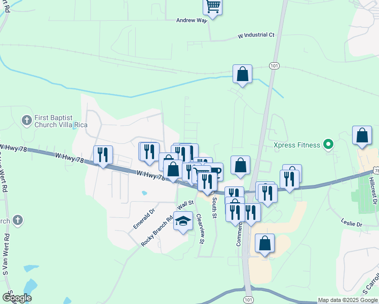 map of restaurants, bars, coffee shops, grocery stores, and more near 311 Winton Way in Villa Rica