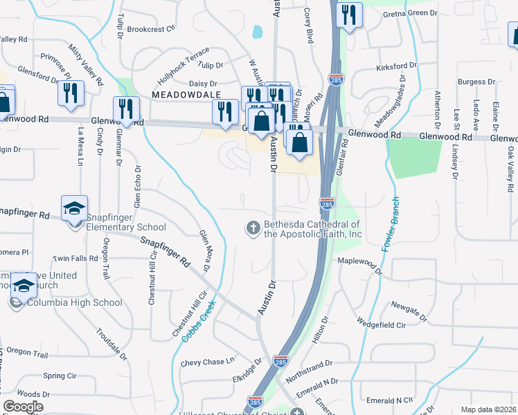 map of restaurants, bars, coffee shops, grocery stores, and more near 3846 Austin Park Lane in Decatur