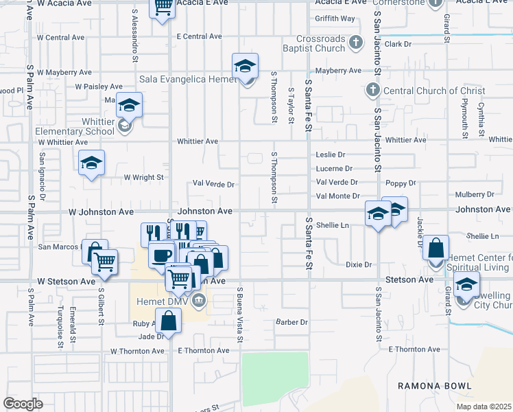 map of restaurants, bars, coffee shops, grocery stores, and more near 592 Johnston Avenue in Hemet