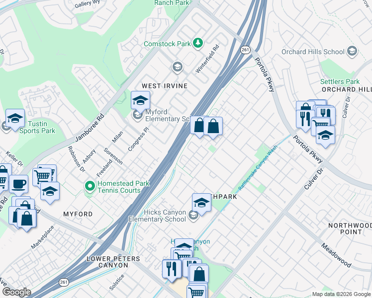 map of restaurants, bars, coffee shops, grocery stores, and more near 26 Crescent-City in Irvine