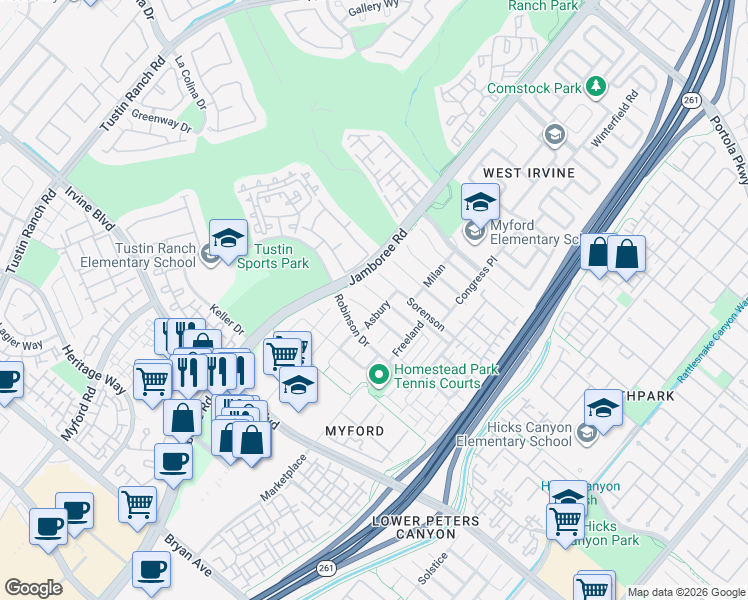 map of restaurants, bars, coffee shops, grocery stores, and more near 19 Granada in Irvine
