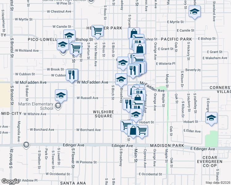 map of restaurants, bars, coffee shops, grocery stores, and more near 1126 South Broadway in Santa Ana