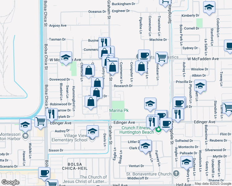 map of restaurants, bars, coffee shops, grocery stores, and more near 5542 Research Drive in Huntington Beach