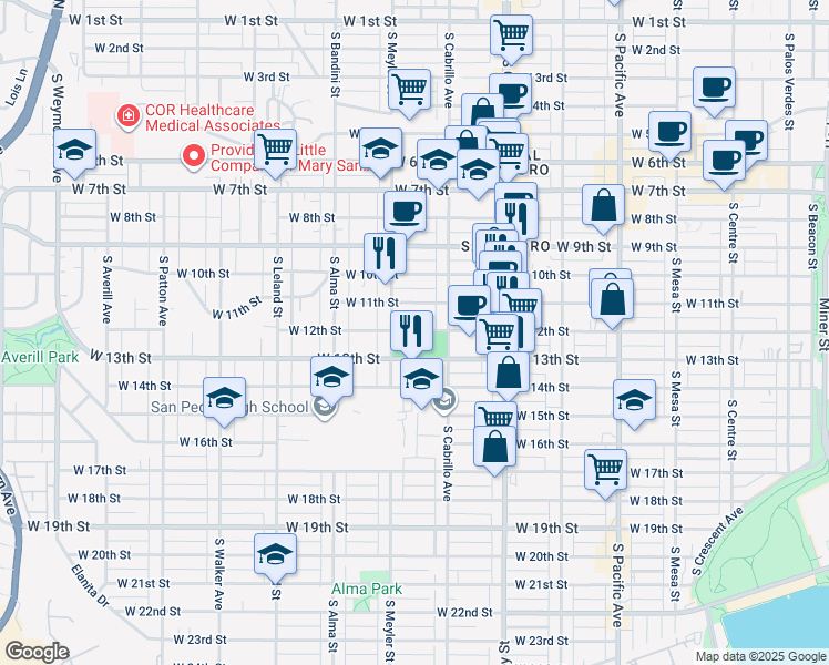 map of restaurants, bars, coffee shops, grocery stores, and more near 858 West 12th Street in Los Angeles