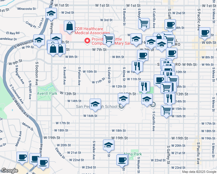 map of restaurants, bars, coffee shops, grocery stores, and more near 1147 South Leland Street in Los Angeles