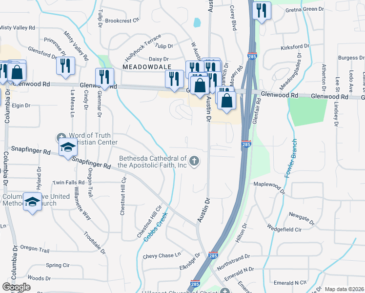 map of restaurants, bars, coffee shops, grocery stores, and more near 3810 Austin Park Lane in Decatur
