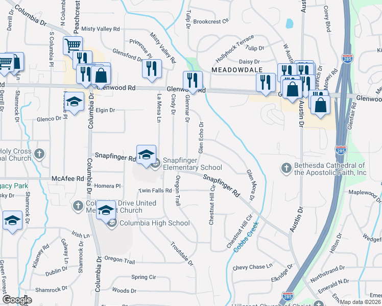 map of restaurants, bars, coffee shops, grocery stores, and more near 1951 Glen Echo Drive in Decatur