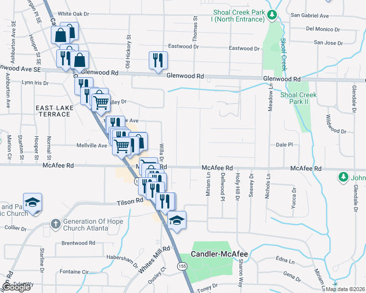 map of restaurants, bars, coffee shops, grocery stores, and more near 1958 Don Juan Lane in Decatur
