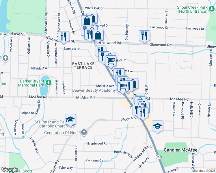 map of restaurants, bars, coffee shops, grocery stores, and more near 2526 Mellville Avenue in Decatur