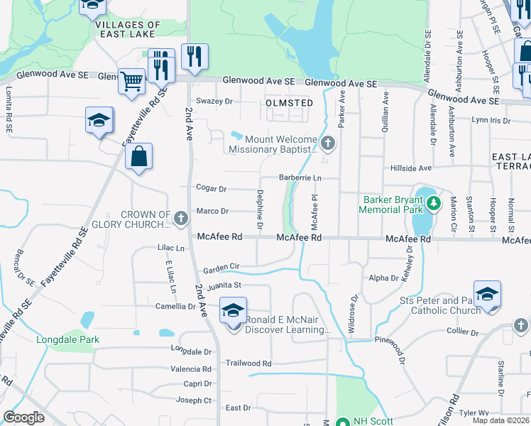 map of restaurants, bars, coffee shops, grocery stores, and more near 1980 Delphine Drive in Decatur