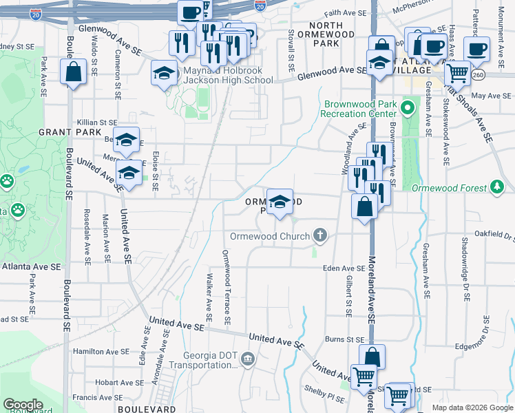 map of restaurants, bars, coffee shops, grocery stores, and more near 771 Palatine Avenue Southeast in Atlanta