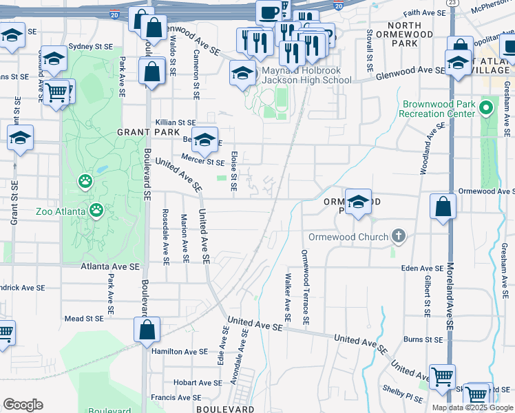 map of restaurants, bars, coffee shops, grocery stores, and more near 787 Ormewood Avenue Southeast in Atlanta