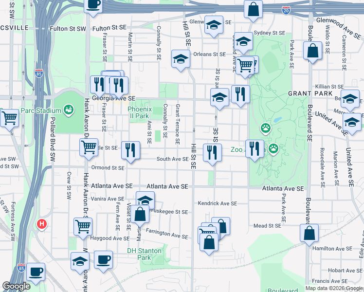 map of restaurants, bars, coffee shops, grocery stores, and more near 771 Woodson Street Southeast in Atlanta