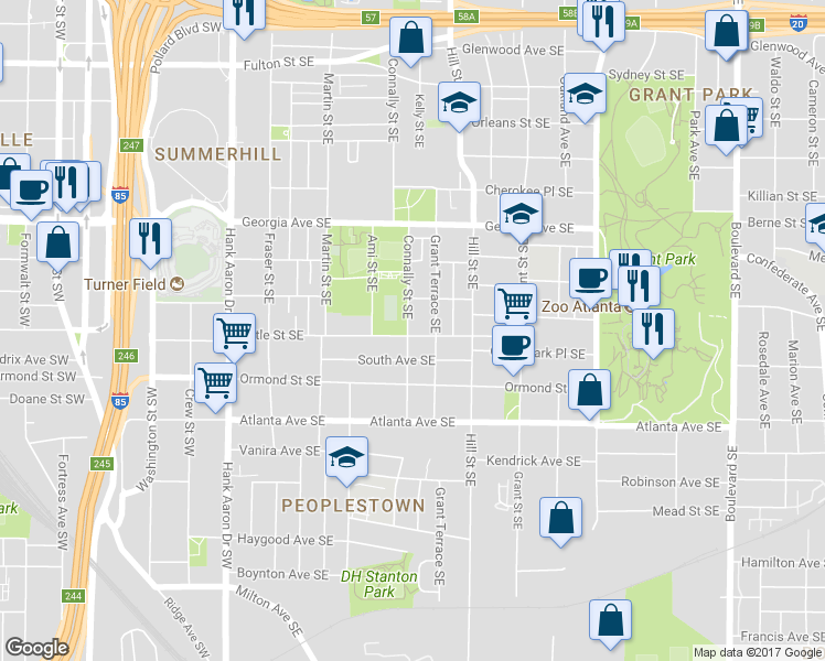 map of restaurants, bars, coffee shops, grocery stores, and more near 212 Little Street Southeast in Atlanta
