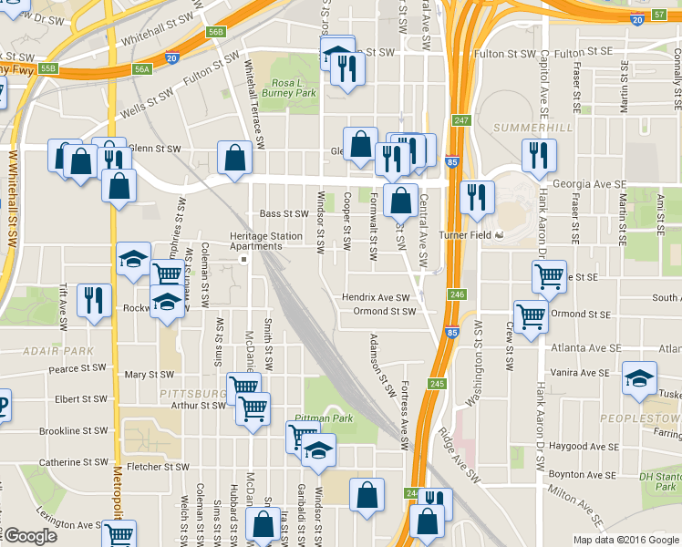 map of restaurants, bars, coffee shops, grocery stores, and more near 789 Cooper Street Southwest in Atlanta